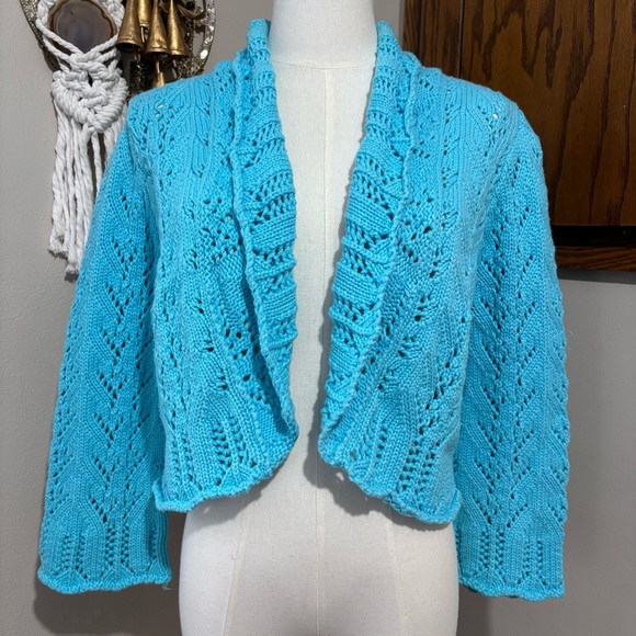 For The Republic Sweaters - Vtg Blue Crochet Knit Open Front Cardigan Shrug Size Large Ruffles Y2K